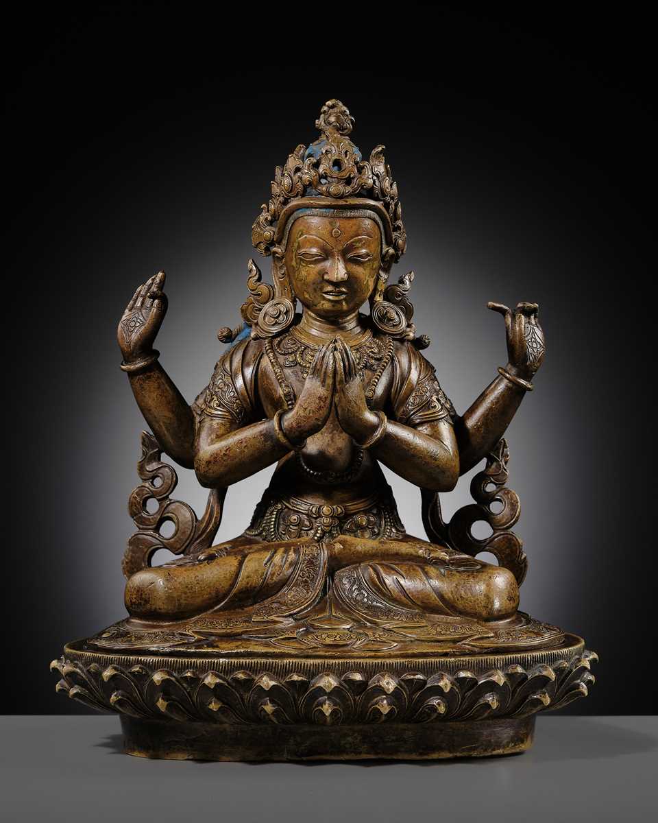 Lot 19 - A COPPER ALLOY FIGURE OF SHADAKSHARI LOKESHVARA, TIBETAN-CHINESE, 15TH CENTURY