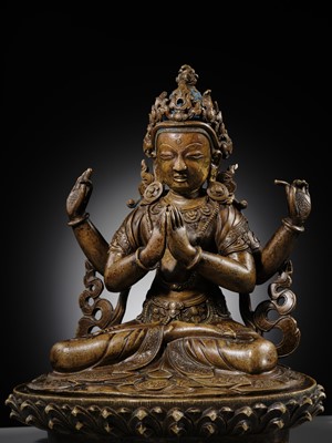 Lot 19 - A COPPER ALLOY FIGURE OF SHADAKSHARI LOKESHVARA, TIBETAN-CHINESE, 15TH CENTURY