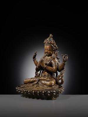 Lot 19 - A COPPER ALLOY FIGURE OF SHADAKSHARI LOKESHVARA, TIBETAN-CHINESE, 15TH CENTURY