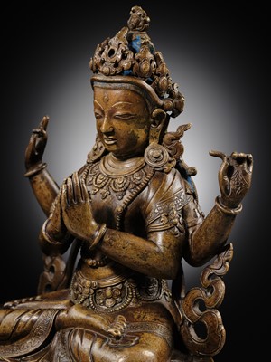 Lot 19 - A COPPER ALLOY FIGURE OF SHADAKSHARI LOKESHVARA, TIBETAN-CHINESE, 15TH CENTURY