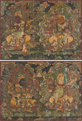 Lot 49 - A RARE PAIR OF THANGKAS DEPICTING THE FOUR GUARDIAN KINGS, TIBET, PROBABLY GELUG ORDER, 18TH-19TH CENTURY