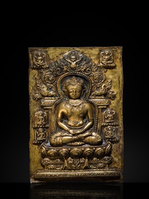 Lot 8 - A LARGE GILT-COPPER REPOUSSÉ PLAQUE OF AMITABHA, TIBET, 17TH-18TH CENTURY
