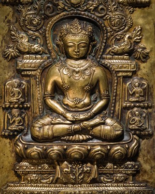 Lot 8 - A LARGE GILT-COPPER REPOUSSÉ PLAQUE OF AMITABHA, TIBET, 17TH-18TH CENTURY