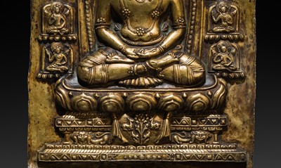 Lot 8 - A LARGE GILT-COPPER REPOUSSÉ PLAQUE OF AMITABHA, TIBET, 17TH-18TH CENTURY