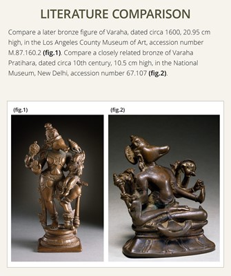 Lot 215 - A RARE AND LARGE SILVER AND COPPER-INLAID BRONZE FIGURE OF VISHNU VARAHA, NORTHEASTERN INDIA, PALA PERIOD, 10TH-12TH CENTURY