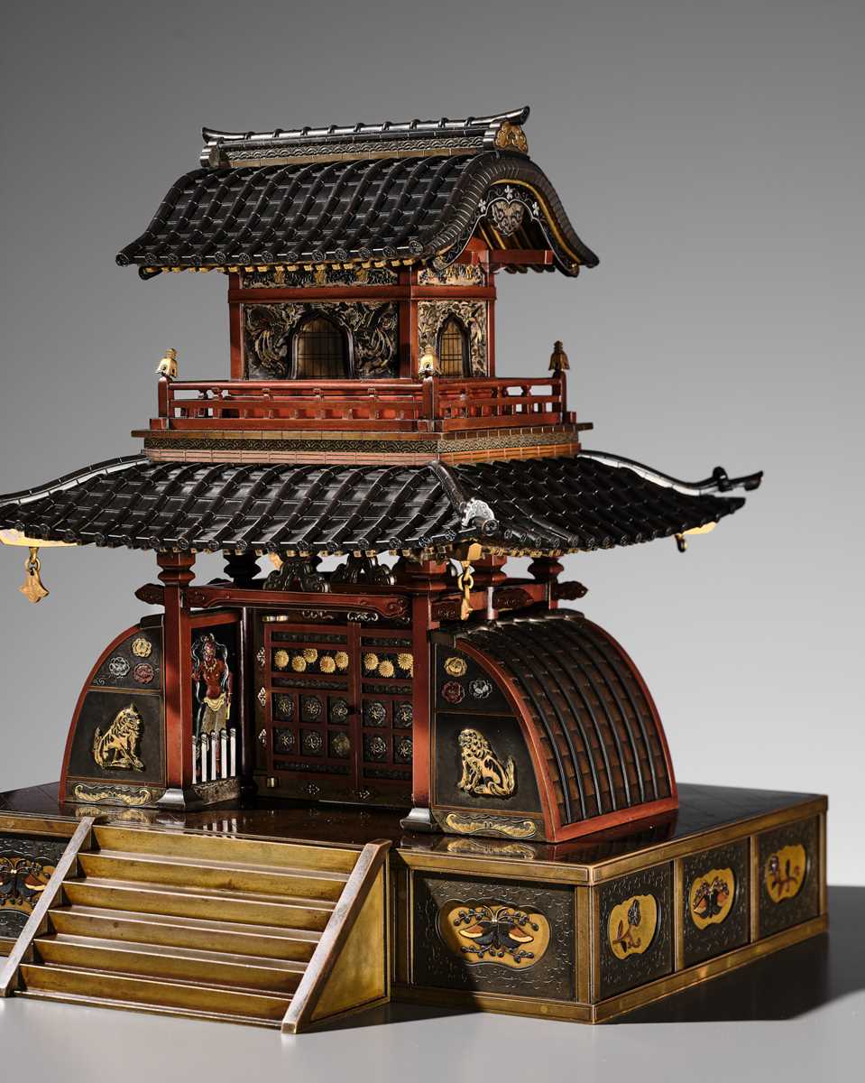 Lot 38 - JOMI EISUKE II: AN IMPRESSIVE MIXED-METAL PAGODA FORM KORO (INCENSE BURNER)