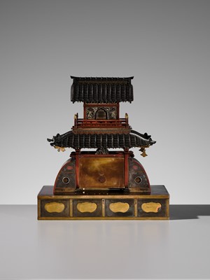 Lot 38 - JOMI EISUKE II: AN IMPRESSIVE MIXED-METAL PAGODA FORM KORO (INCENSE BURNER)