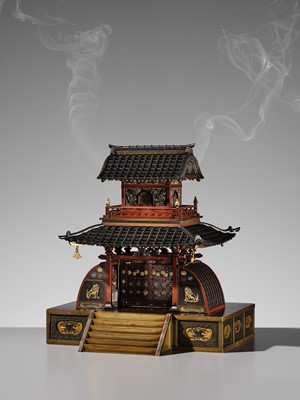 Lot 38 - JOMI EISUKE II: AN IMPRESSIVE MIXED-METAL PAGODA FORM KORO (INCENSE BURNER)