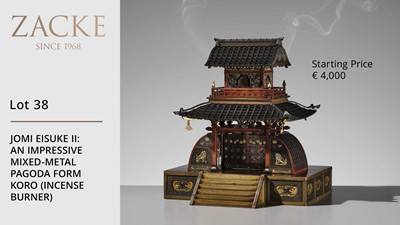 Lot 38 - JOMI EISUKE II: AN IMPRESSIVE MIXED-METAL PAGODA FORM KORO (INCENSE BURNER)