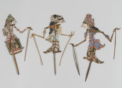 Lot 1384 - A GROUP OF THREE WAYANG KULIT SHADOW PUPPETS