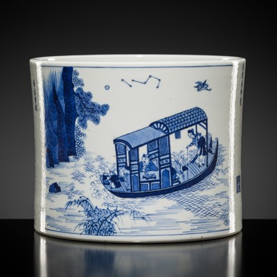 Lot 1167 - A BLUE AND WHITE PORCELAIN ‘RED CLIFFS’ BRUSH POT, KANGXI STYLE