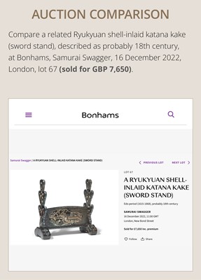 Lot 135 - A SUPERB MOTHER-OF-PEARL INLAID AND BLACK-LACQUERED ‘THREE FRIENDS OF WINTER (SHOCHIKUBAI)’ KATANA-KAKE (SWORD STAND)