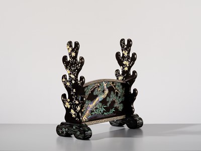 Lot 135 - A SUPERB MOTHER-OF-PEARL INLAID AND BLACK-LACQUERED ‘THREE FRIENDS OF WINTER (SHOCHIKUBAI)’ KATANA-KAKE (SWORD STAND)