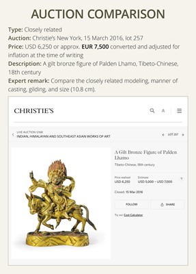 Lot 21 - A FINE AND RARE GILT-BRONZE FIGURE OF PALDEN LHAMO, 18TH-19TH CENTURY