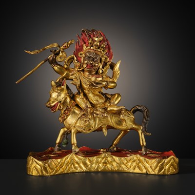 Lot 21 - A FINE AND RARE GILT-BRONZE FIGURE OF PALDEN LHAMO, 18TH-19TH CENTURY