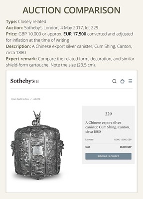 Lot 103 - AN EXPORT SILVER ‘BIRDS AND PRUNUS BLOSSOM’ CIRCULAR BOX AND COVER, CUM SHING, CANTON, CIRCA 1880