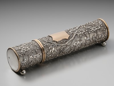 Lot 103 - AN EXPORT SILVER ‘BIRDS AND PRUNUS BLOSSOM’ CIRCULAR BOX AND COVER, CUM SHING, CANTON, CIRCA 1880