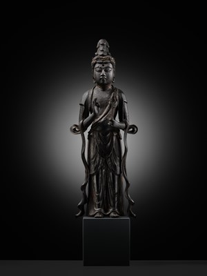 A RARE LACQUERED WOOD FIGURE OF KANNON BOSATSU, LATE HEIAN PERIOD, WITH C14 TEST CONFIRMING THE DATING