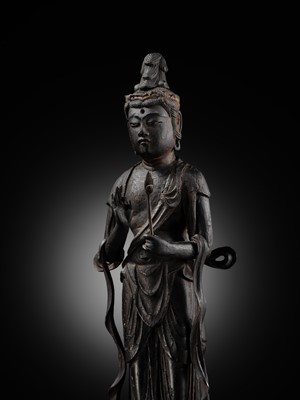 A RARE LACQUERED WOOD FIGURE OF KANNON BOSATSU, LATE HEIAN PERIOD, WITH C14 TEST CONFIRMING THE DATING