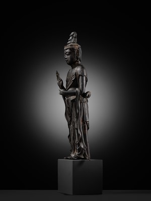 A RARE LACQUERED WOOD FIGURE OF KANNON BOSATSU, LATE HEIAN PERIOD, WITH C14 TEST CONFIRMING THE DATING