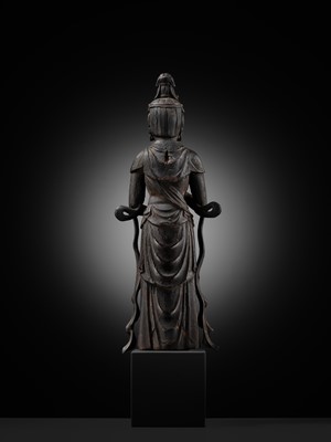 A RARE LACQUERED WOOD FIGURE OF KANNON BOSATSU, LATE HEIAN PERIOD, WITH C14 TEST CONFIRMING THE DATING
