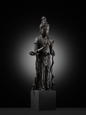 A RARE LACQUERED WOOD FIGURE OF KANNON BOSATSU, LATE HEIAN PERIOD, WITH C14 TEST CONFIRMING THE DATING