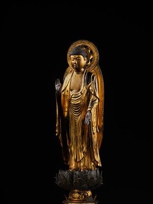 A GILT-LACQUERED WOOD FIGURE OF AMIDA NYORAI, KAMAKURA PERIOD, WITH C14 TEST CONFIRMING THE DATING