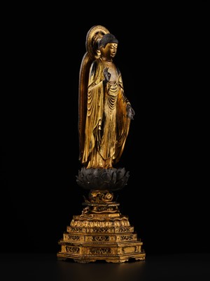 A GILT-LACQUERED WOOD FIGURE OF AMIDA NYORAI, KAMAKURA PERIOD, WITH C14 TEST CONFIRMING THE DATING