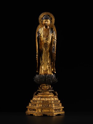A GILT-LACQUERED WOOD FIGURE OF AMIDA NYORAI, KAMAKURA PERIOD, WITH C14 TEST CONFIRMING THE DATING