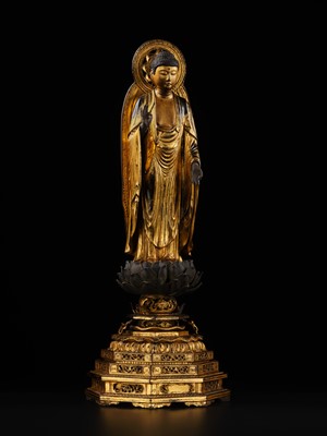 A GILT-LACQUERED WOOD FIGURE OF AMIDA NYORAI, KAMAKURA PERIOD, WITH C14 TEST CONFIRMING THE DATING