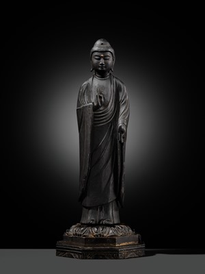 A RARE LACQUERED WOOD FIGURE OF AMIDA NYORAI, HEIAN PERIOD, WITH C14 TEST CONFIRMING THE DATING
