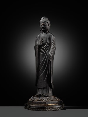 A RARE LACQUERED WOOD FIGURE OF AMIDA NYORAI, HEIAN PERIOD, WITH C14 TEST CONFIRMING THE DATING