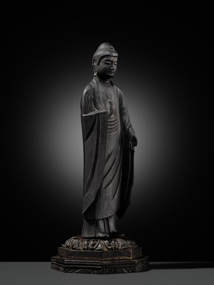A RARE LACQUERED WOOD FIGURE OF AMIDA NYORAI, HEIAN PERIOD, WITH C14 TEST CONFIRMING THE DATING