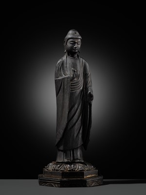 A RARE LACQUERED WOOD FIGURE OF AMIDA NYORAI, HEIAN PERIOD, WITH C14 TEST CONFIRMING THE DATING