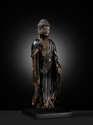 A GILT-LACQUERED WOOD FIGURE OF AMIDA NYORAI, LATE KAMAKURA PERIOD, WITH C14 TEST CONFIRMING THE DATING