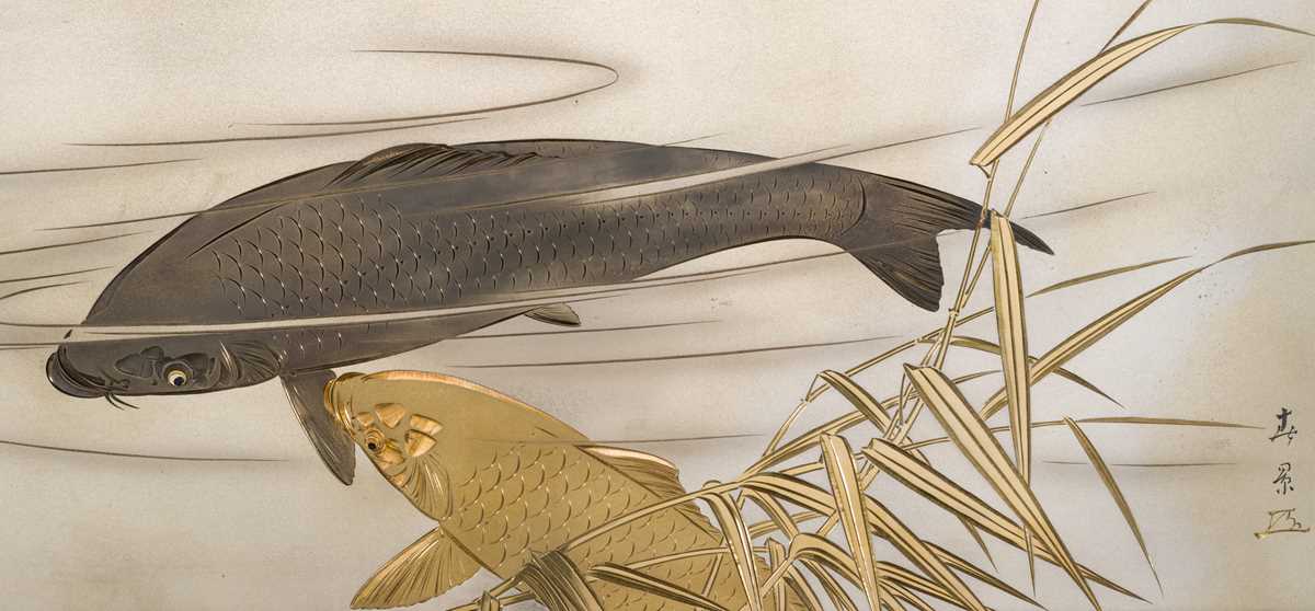 Lot 45 - OTA HARUKAGE: A FINE MIXED-METAL PANEL DEPICTING CARPS