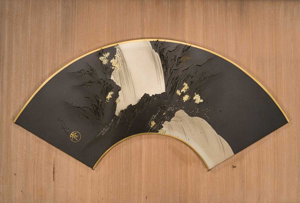 Lot 44 - SUZUKI MITSUAKI: A FINE MIXED-METAL PANEL IN THE FORM OF A FAN PAINTING