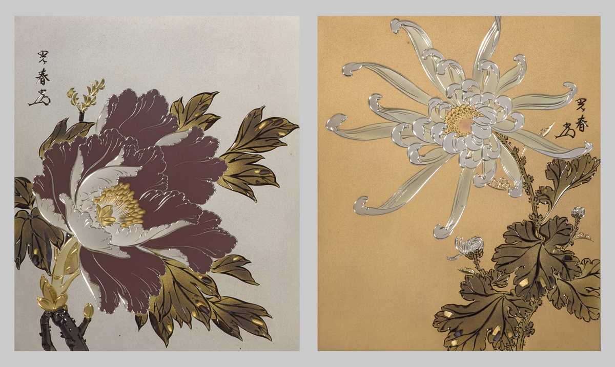Lot 22 - KATSURA MITSUHARU: TWO FINE MIXED-METAL PLAQUES WITH A PEONY AND CHRYSANTHEMUM