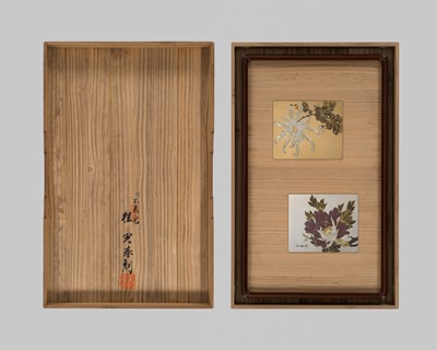 Lot 22 - KATSURA MITSUHARU: TWO FINE MIXED-METAL PLAQUES WITH A PEONY AND CHRYSANTHEMUM