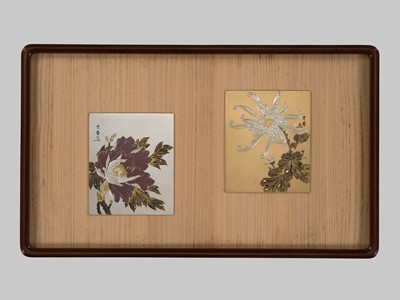 Lot 22 - KATSURA MITSUHARU: TWO FINE MIXED-METAL PLAQUES WITH A PEONY AND CHRYSANTHEMUM