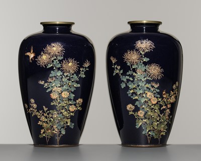 Lot 209 - A PAIR OF FINE CLOISONNÉ ENAMEL VASES WITH SPARROWS AND CHRYSANTHEMUMS, ATTRIBUTED TO THE WORKSHOP OF HAYASHI KODENJI