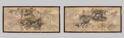 Lot 315 - TSURUSAWA TANSAKU: A SUPERB PAIR OF KANO SCHOOL SIX-PANEL FOLDING SCREENS DEPICTING DRAGONS AMONG CLOUDS