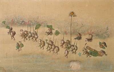 Lot 306 - OSAWA NAMPO: A HUMOROUS OSHI-E (PADDED SILK) PAINTING DEPICTING A FROG DAIMYO PROCESSION