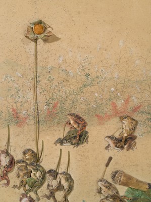 Lot 306 - OSAWA NAMPO: A HUMOROUS OSHI-E (PADDED SILK) PAINTING DEPICTING A FROG DAIMYO PROCESSION