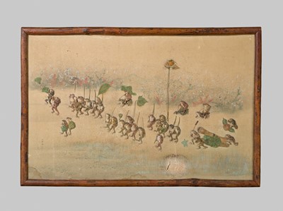 Lot 306 - OSAWA NAMPO: A HUMOROUS OSHI-E (PADDED SILK) PAINTING DEPICTING A FROG DAIMYO PROCESSION