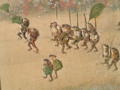 Lot 306 - OSAWA NAMPO: A HUMOROUS OSHI-E (PADDED SILK) PAINTING DEPICTING A FROG DAIMYO PROCESSION