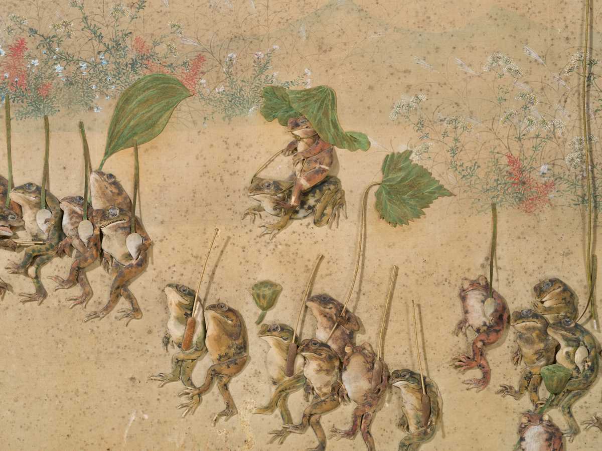Lot 306 - OSAWA NAMPO: A HUMOROUS OSHI-E (PADDED SILK) PAINTING DEPICTING A FROG DAIMYO PROCESSION