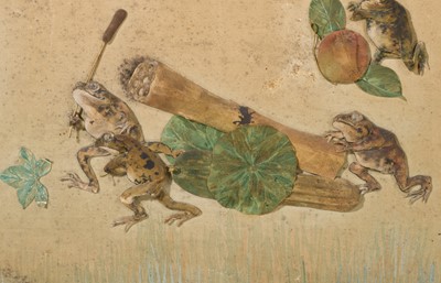 Lot 306 - OSAWA NAMPO: A HUMOROUS OSHI-E (PADDED SILK) PAINTING DEPICTING A FROG DAIMYO PROCESSION