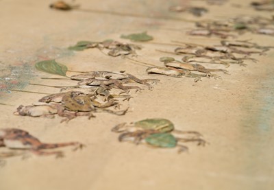 Lot 306 - OSAWA NAMPO: A HUMOROUS OSHI-E (PADDED SILK) PAINTING DEPICTING A FROG DAIMYO PROCESSION