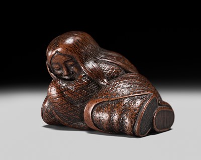 Lot 231 - MASAMITSU: A FINE NAGOYA SCHOOL WOOD NETSUKE OF A SLEEPING SHOJO